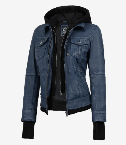 Women'S Blue Denim Style Washed Leather Jacket With Removable Hood